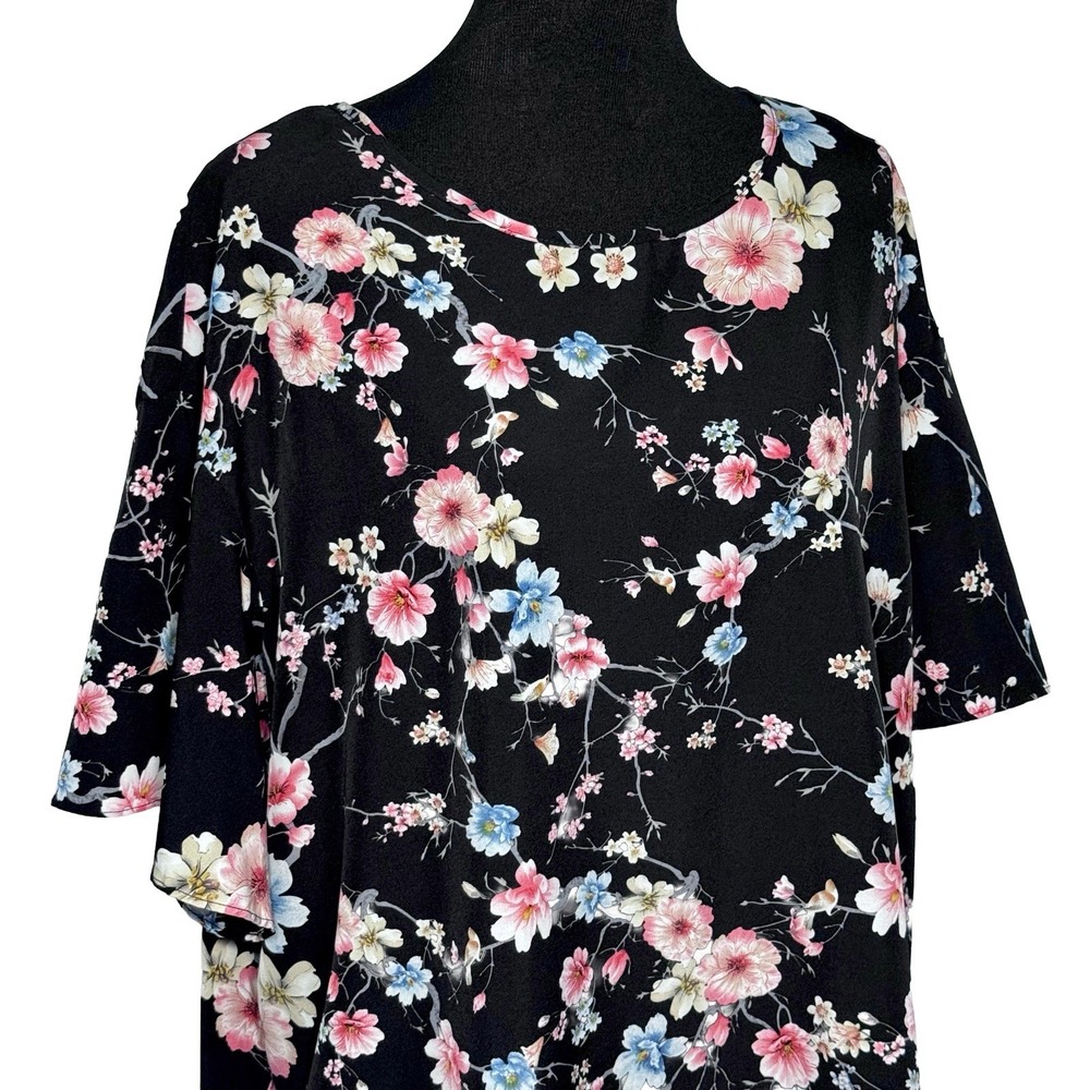 Womens 3X Black Floral Blouse Flowy Short Sleeve Pink Blue Romantic Boho Cottage - Picture 4 of 9